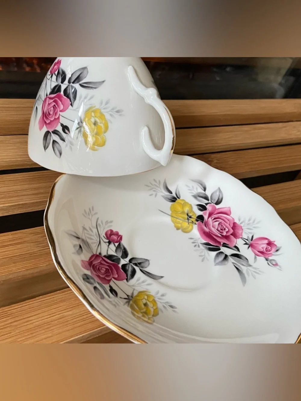 Royal Vale Fine Bone China Tea Cup & Saucer with Pink & Yellow Floral- Beautiful